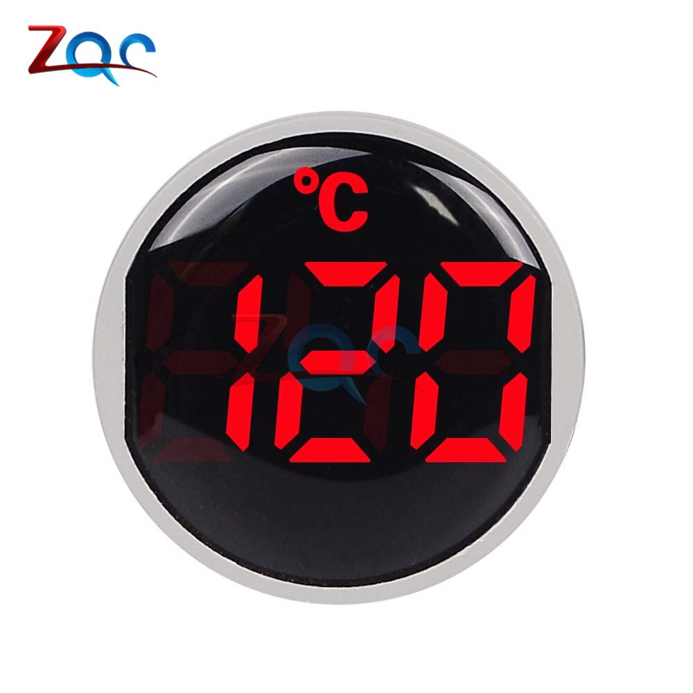 22mm runde lille mini led lys display termometer digital temperaturmåler indikator  ac 50-380v 220v -20-120 'c med 1m sensor: Rød
