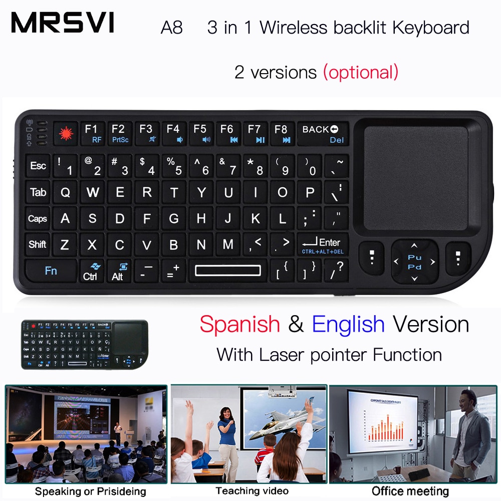 A8 Russianрусски Spaans Engels Air Fly Muis Witte Kleur Backlit Mini Wireless Keyboard Handheld Touchpad Voor Spraak Projector