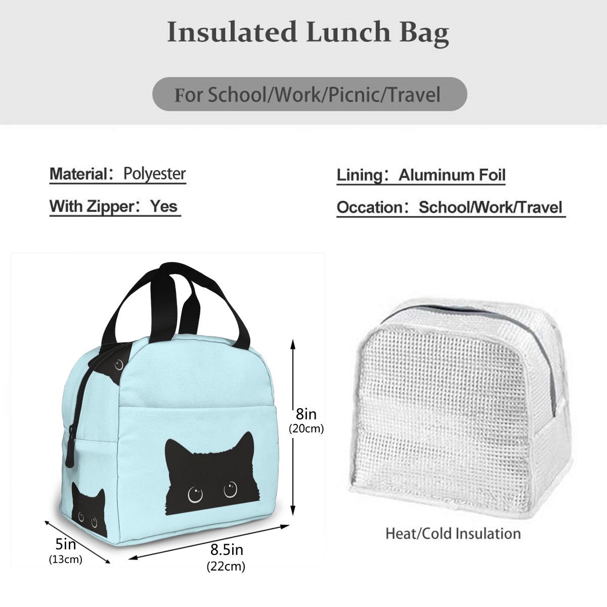 Zwarte Kat Lunch Voedsel Box Bag Geïsoleerde Thermische Voedsel Picknick Lunch Tas Voor Vrouwen Kinderen Mannen Cooler Tote Bag