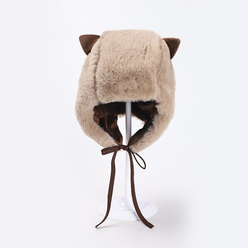 Leuke Kat Kids Hoeden Warme Dikke Bont Pluche Jongens Meisjes Winter Caps Effen Peuter Motorkap Oor Flap Mof Kinderen hoeden 4 Kleuren: Khaki
