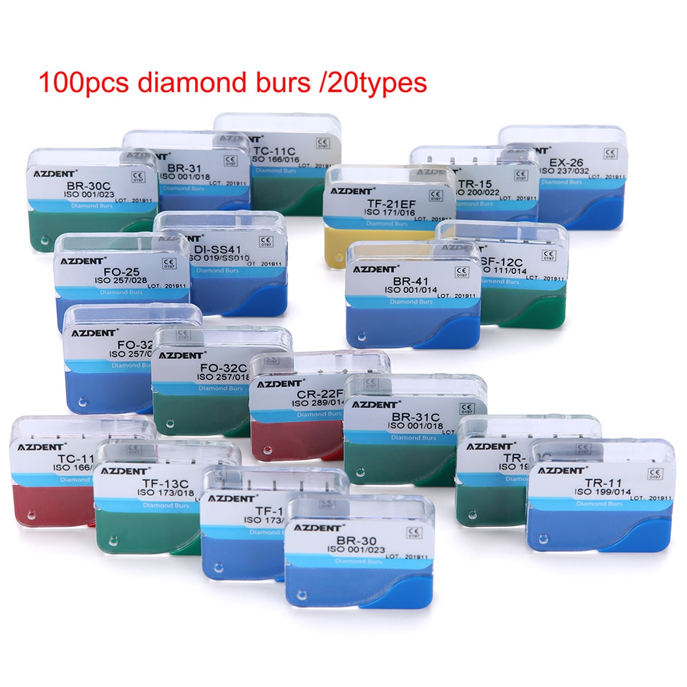 AZDENT 100pcs/20Boxes Dental Diamond Burs Drill for Teeth Porcelain Ceramics Composite Polishing High Speed Handpiece Dia.1.6mm