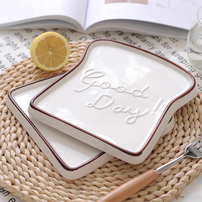 1Pc Goede Dag Toast Vorm Porseleinen Borden Gerechten Voedsel Brood Dessert Tray Voor Ontbijt Servies Keuken Accessoires Servies