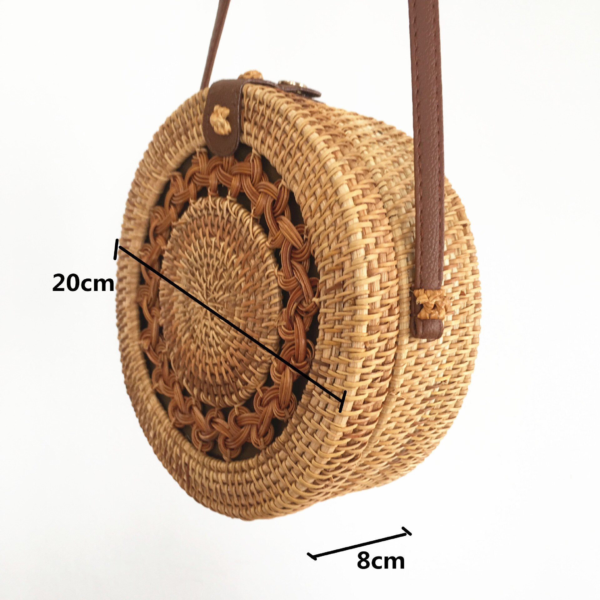 Round Straw Bags Women Summer Rattan Bag Handmade Woven Beach Crossbody Bag Circle Bohemia Handbag: P 20X8cm