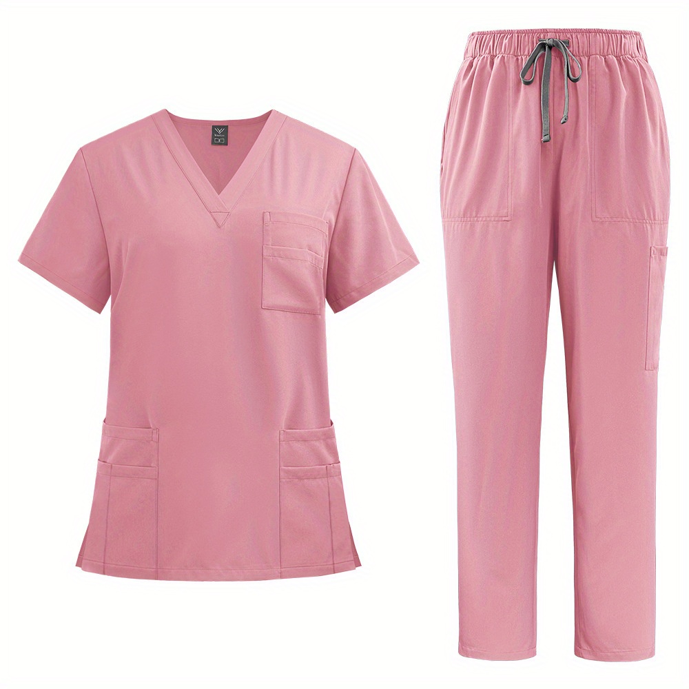 Conjunto de dos piezas de uniforme de enfermera neutro y uniforme de hospital con cepillo de mano para enfermeras, médicos y personal de enfermería: XXL / Rosa