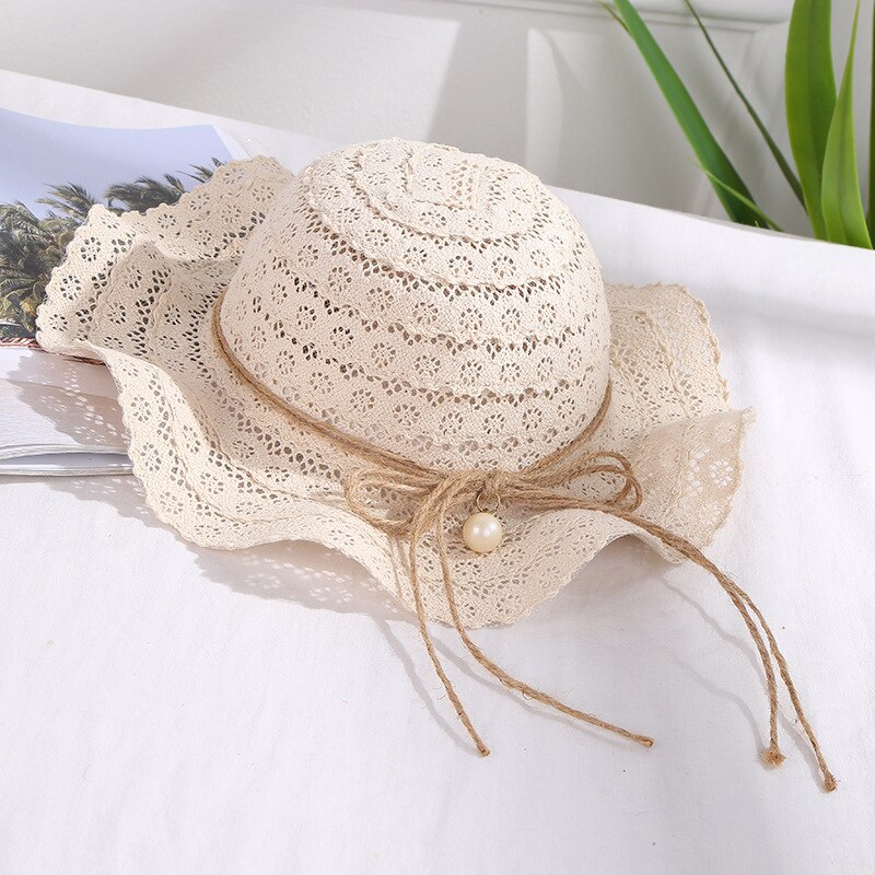 Sommer baby barn blonder bølge strandbøtte lue barn cap perle sammenleggbar solhatt: 2