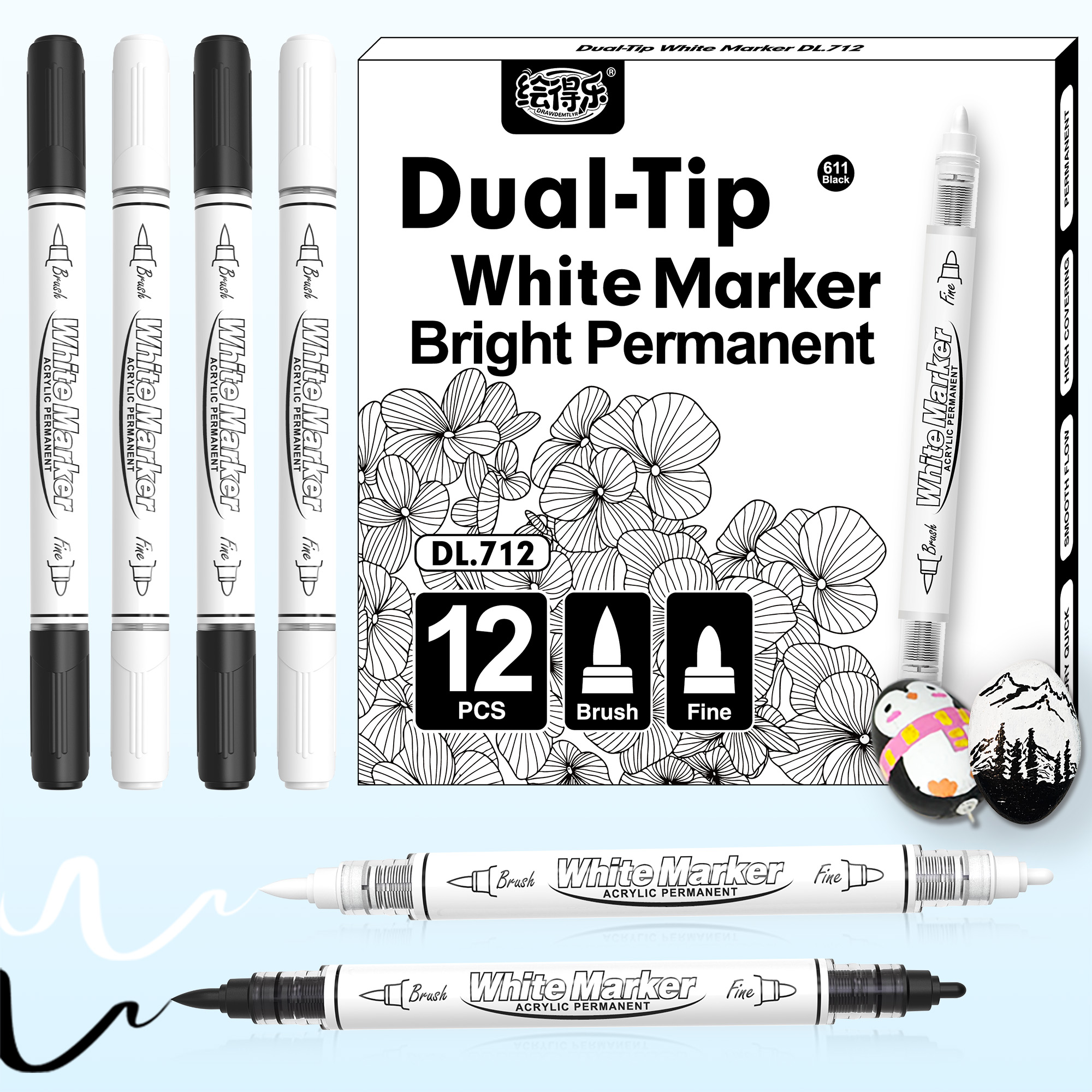 12 marcadores de pintura acrílica de doble cabezal, marcadores de pintura con punta de pincel blanco y negro para pintura en roca, piedra, bricolaje, fabricación de tarjetas, suministros de arte