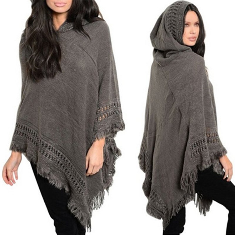 Frauen Mantel Mit Kapuze Pullover Stricken Batwing Top Poncho Mit Kapuze Cape-Mantel Quaste Pullover Outwear