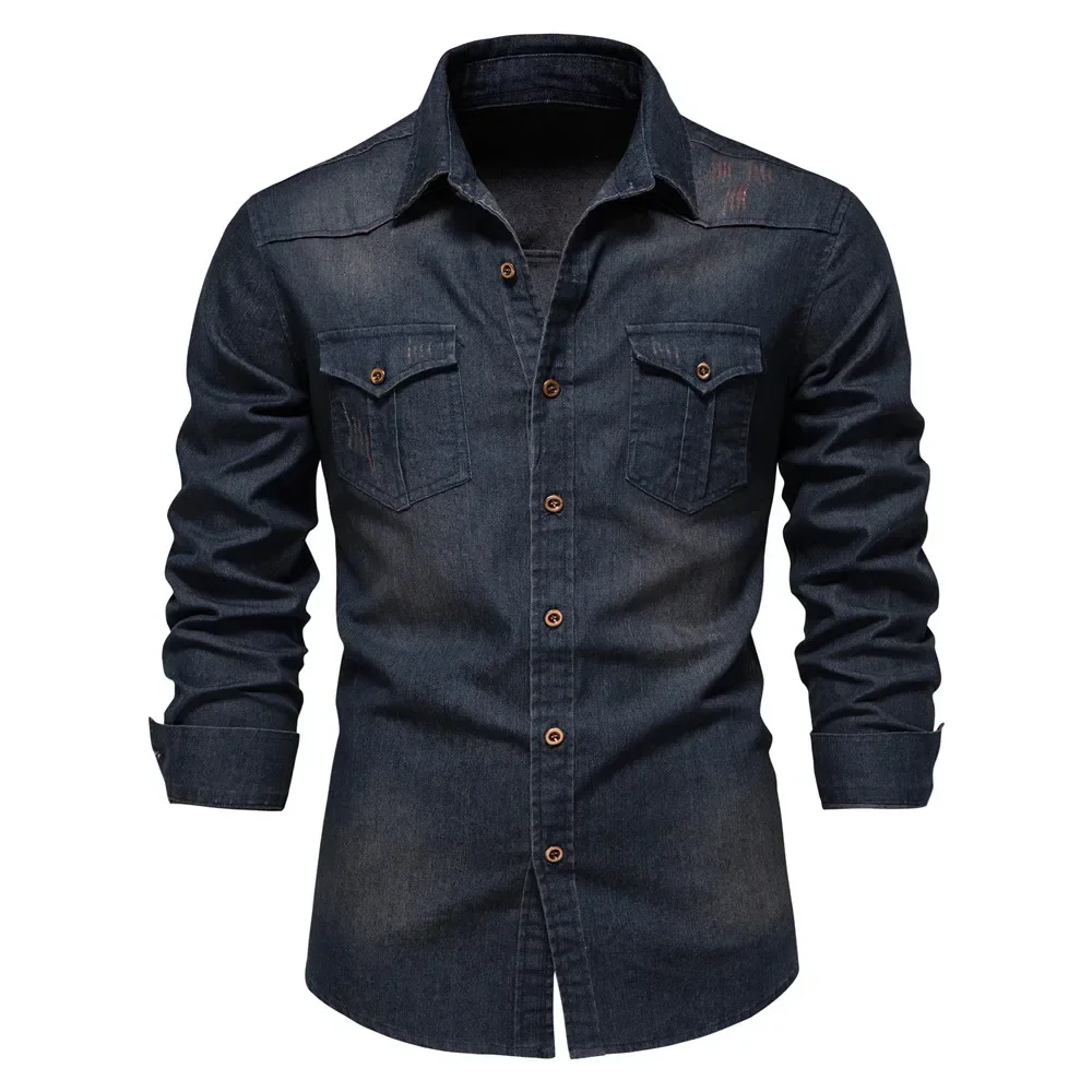 AIOPESON camisa vaquera de algodón elástico para hombre manga larga camisas vaqueras de para hombres corte ajustado informal ropa de para hombre: S / Beige