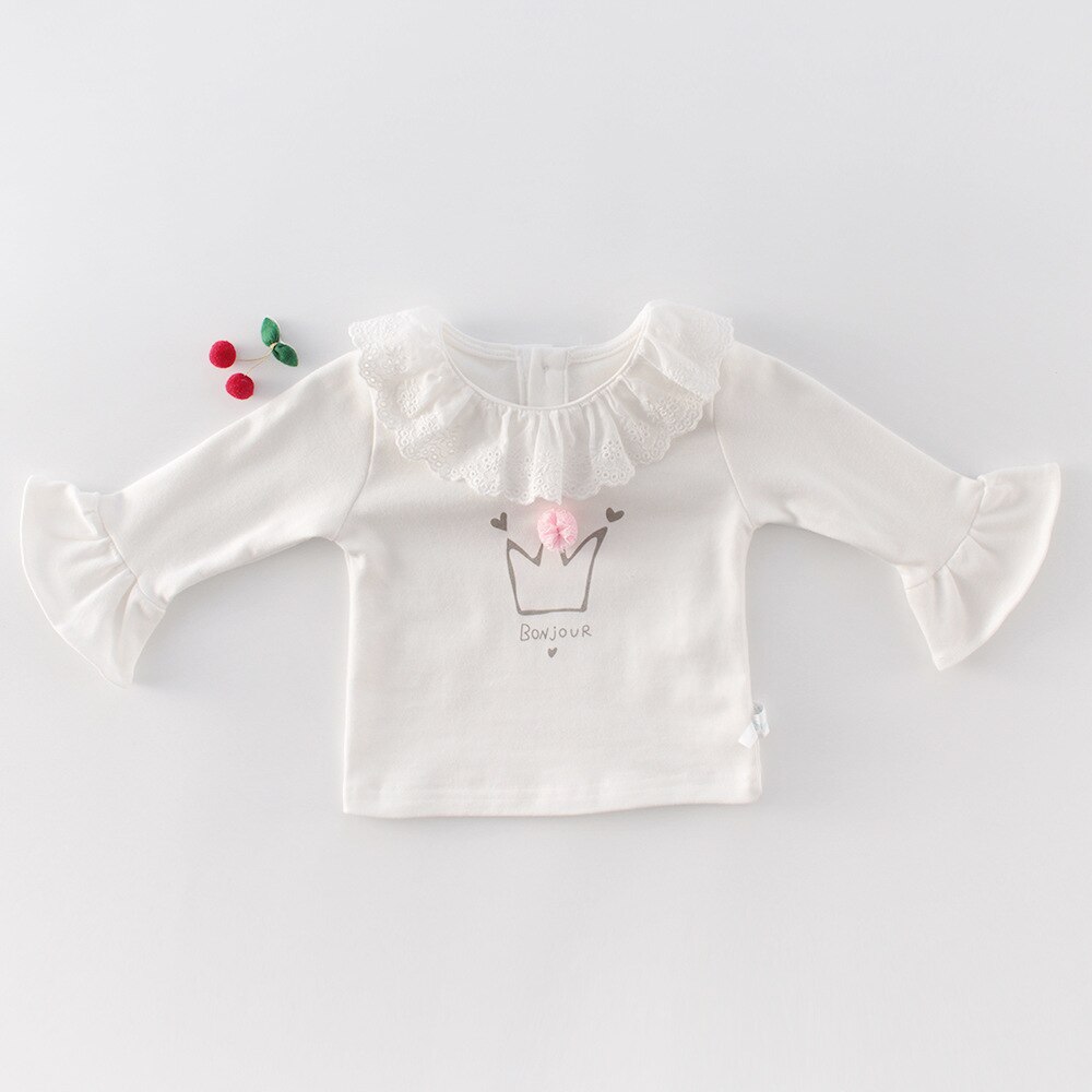 Spring Autumn lace collar flare sleeve T shirts for baby girls pure cotton letters printed Tees