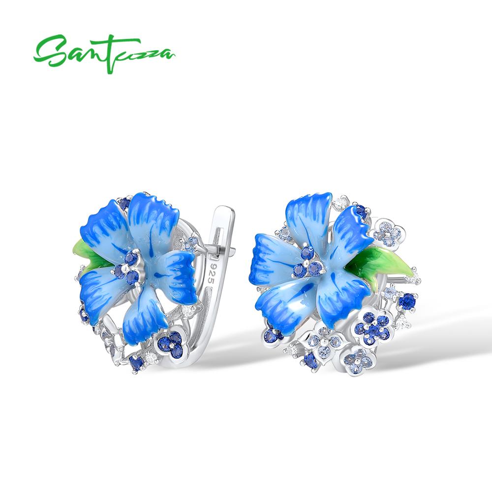 SANTUZZA Silver Earrings For Women Pure 925 Sterling Silver Blue Flower Trendy Party Fine Jewelry Handmade Enamel