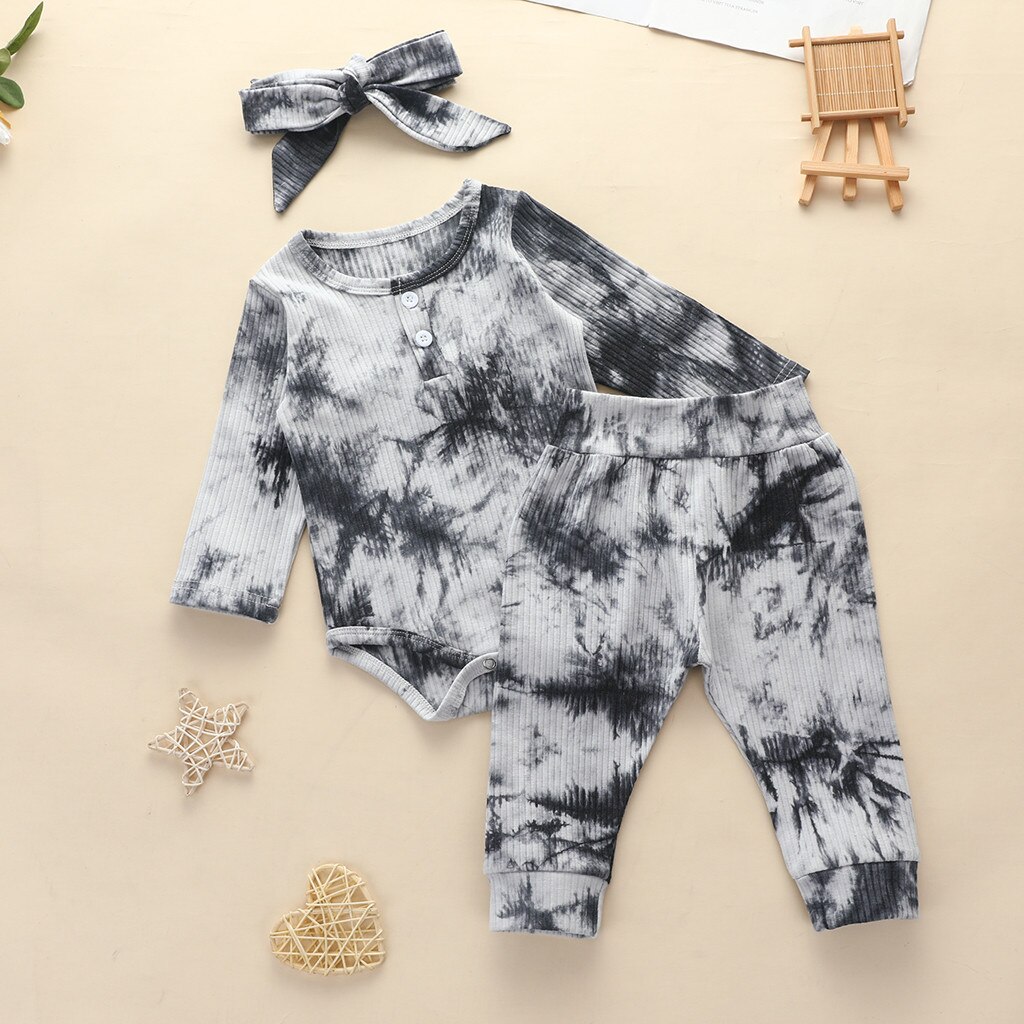 Baby Meisje Jongen Tie-Geverfd Pyjama Set Winter Nachtkleding Outfits Geribbelde Gebreide Ruches Lange Mouwen Bodysuit Broek Set Pasgeboren pyjama: Black / 6m