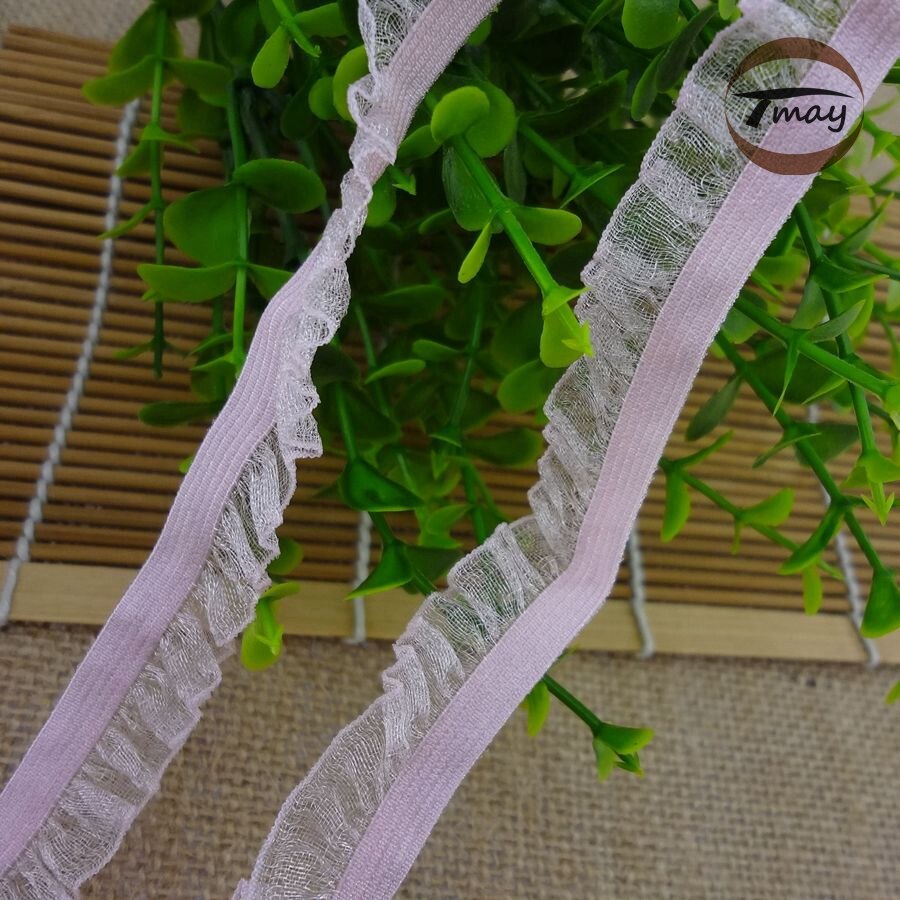 #1020 roze ruche kant trim 13mm 6 yards/lot elastische kant Vouw Chiffon Garen Kant haar Elastische bands Gaas Ruches DIY Kleding