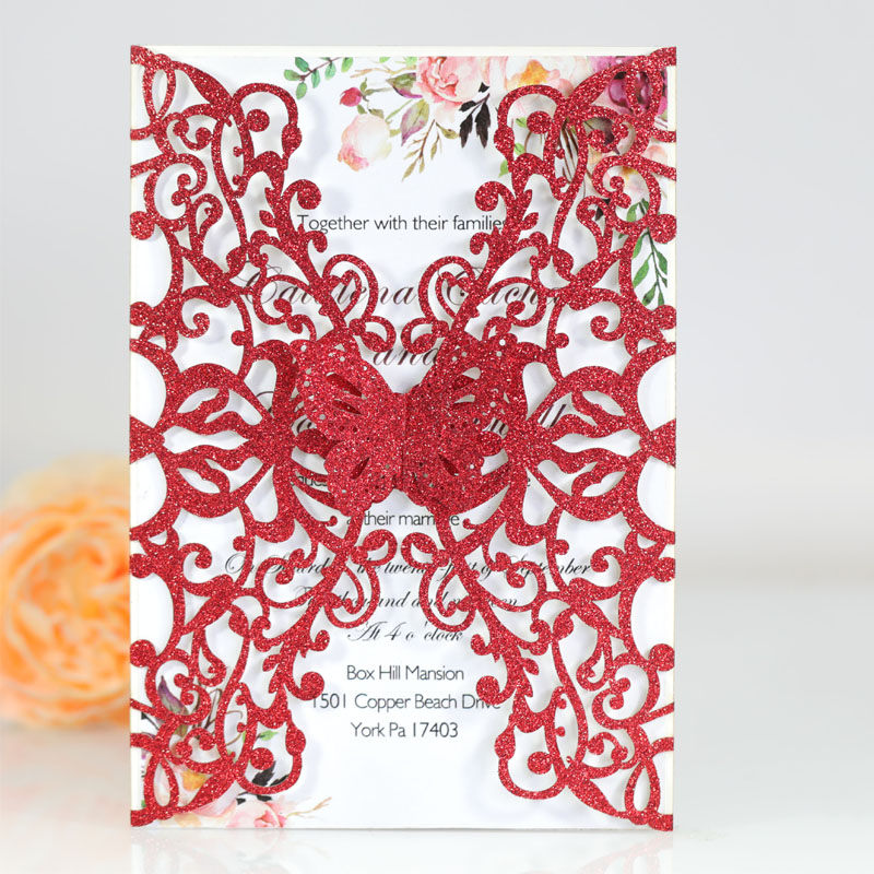 10/20 stücke Glitter Schmetterling Einladung Karte Hochzeit Engagement Geburtstag Baby Dusche Taufe Party Dekoration Favor Supplies: Red / 20pcs