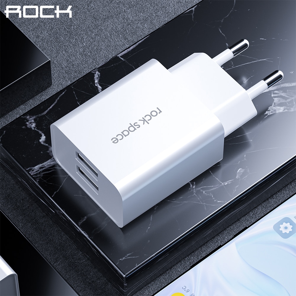 Rock Usb Dual Port Charger 5V 2.4A Snel Opladen Lader Adapter Eu Plug Mobiele Telefoon Voor Iphone Ipad mini Samsung Xiaomi