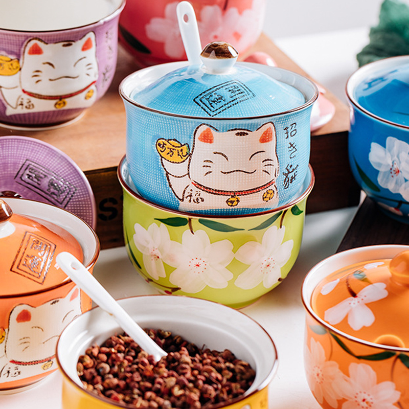 Tanque de condimentos de cerámica con forma de gato de dibujos animados japoneses, cuchara de cerámica, salero, tarro de especias, accesorios de cocina, caja