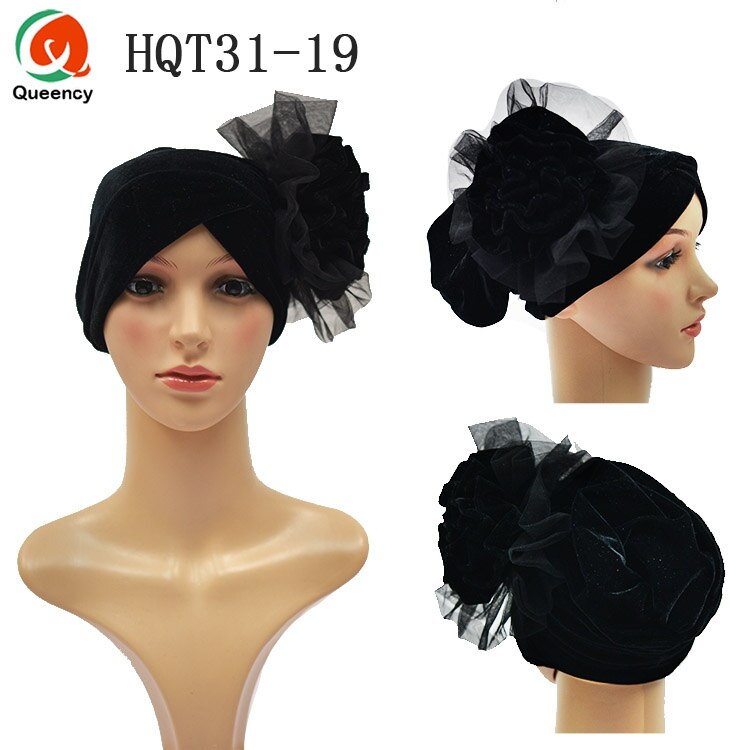 HQT31 Turban Nigeria cravate dames velours Tuban Gele casque musulman arabe Bonnet fleur chapeau pour mariage et fête: black