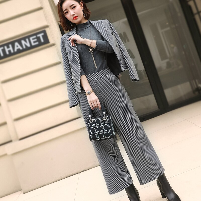 Geruit kort pak wijde pijpen broek tweedelig dames herfst klassiek damespak temperament kleding