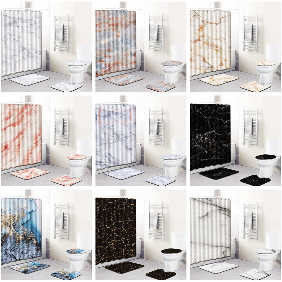 Bathroom Non-Slip Pedestal Rug Lid Toilet Cover Bath Mat Shower Curtain Waterproof Polyester Bathroom Curtain Decor Bath Mat