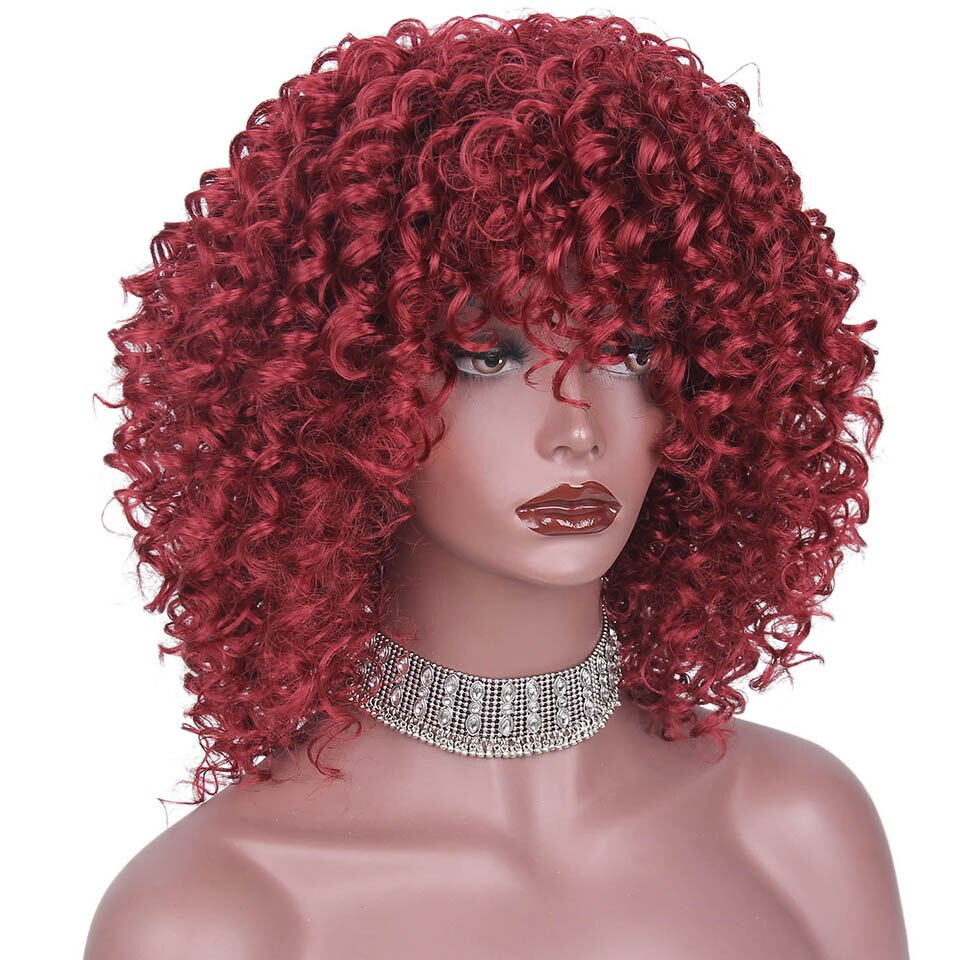 14 tommer kort afro paryk brun syntetisk kinky krøllede parykker til kvinder 10 farver ombre fluffy afrikansk amerikansk naturlig sort hår: Med pandehår -39a