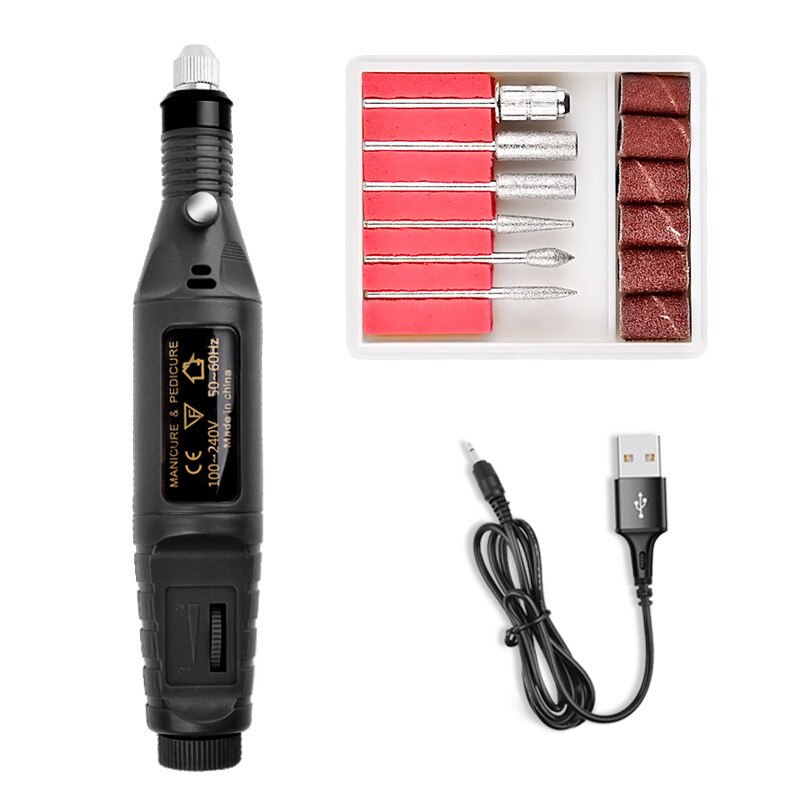 Minitaladro eléctrico de acero inoxidable, herramienta de manicura y pedicura, cortador de uñas con brocas, pulidor de uñas portátil por USB: black