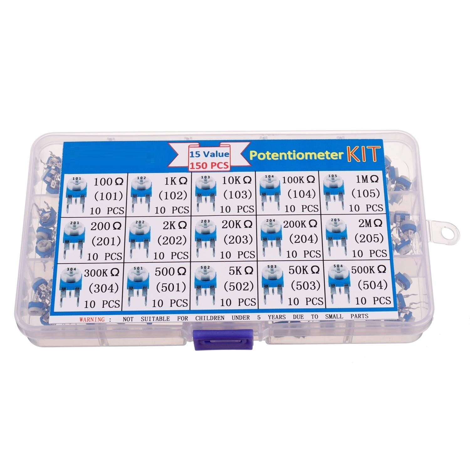 15 Values 150 pcs 100 Ohm- 2M Ohm Variable Resistor 6mm Potentiometer Assortment Kit packag in a Clear Plastic Box