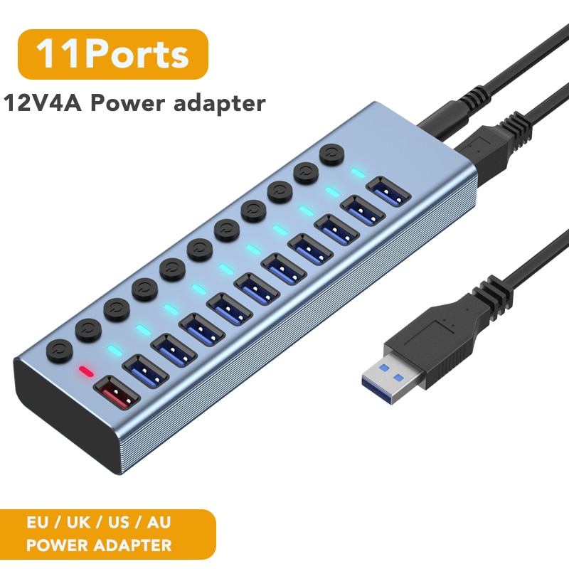 USB3.0 HUB With 12V Power Adapter EU UK US AU Splitter 2.4A Fast Charging And 10Ports USB HUB Simultaneously Read Write At 5Gbps: 11Ports HUB