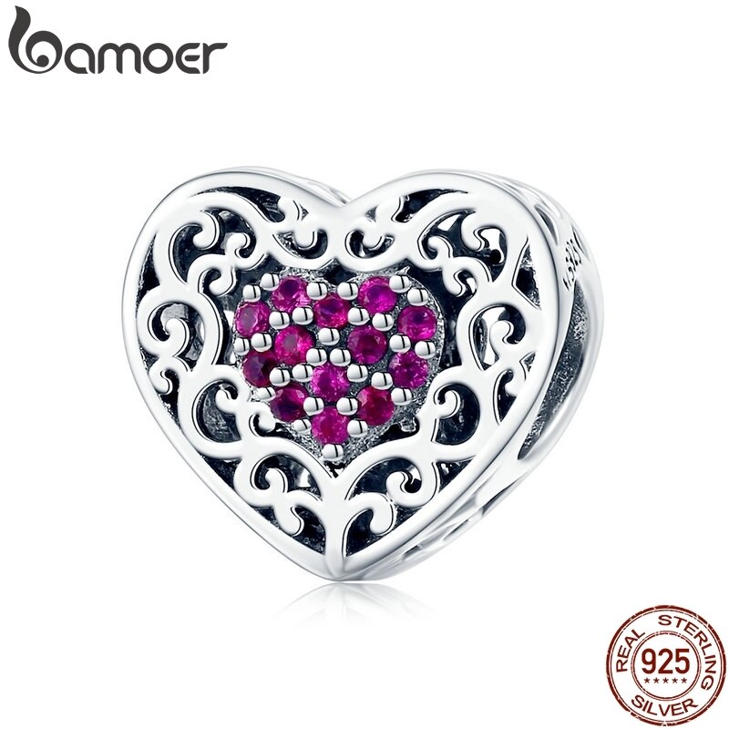 BAMOER Original 925 Sterling Silver Vintage Heart Shape Love Beads Fit Charms Bracelet Jewelry Mother's Day SCC1109