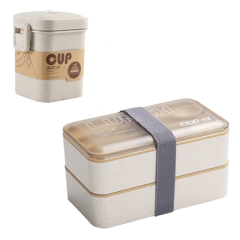 1000ml protable madkasse dobbelt lag hvede halm bento kasser mikrobølgeovn servise mad opbevaring container madkasse: Beige sæt