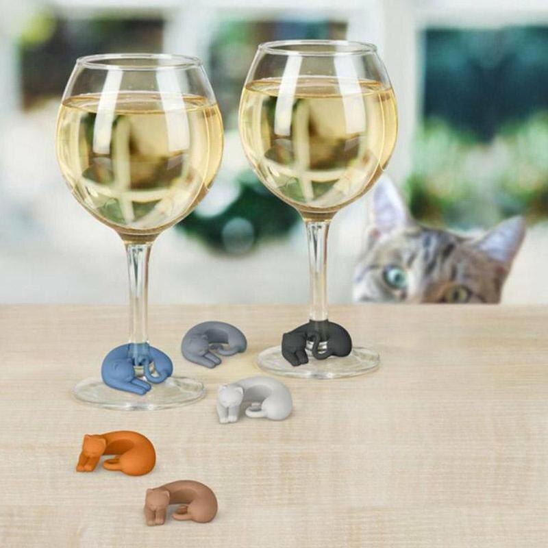 6 unids/set gato marcador para vaso de vino animales de silicona vacaciones DIY Copa etiquetas de decoración suministros forma Sti E3U1