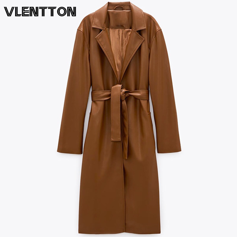Efterår vinter kvinder imiteret læder trenchcoat kvindelig vintage bælte lang jakke outwear toppe damer afslappet løs vindjakke