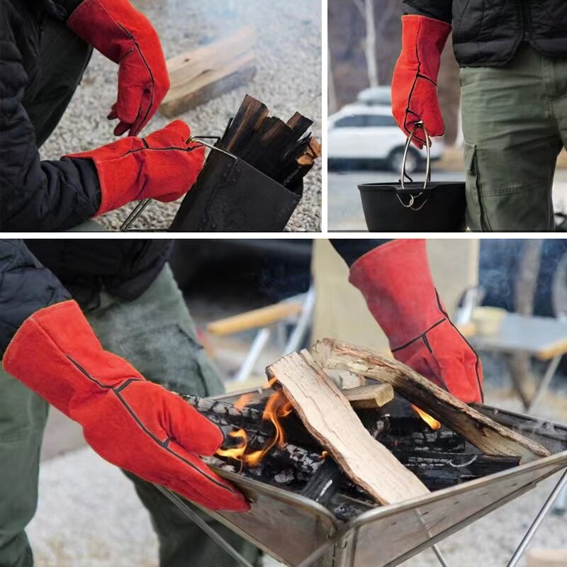 Guantes de soldadura de cuero, manoplas resistentes al calor, al fuego, para horno, chimenea, estufa, barbacoa, con manga larga