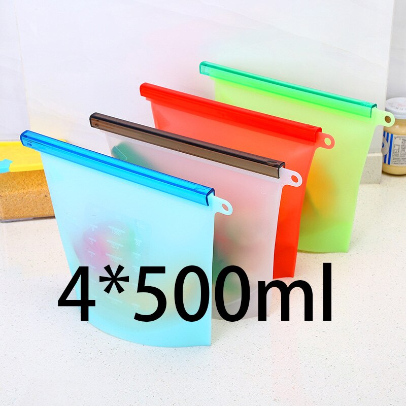 Eco Friendly Packaging Bags Reusable Silicone Foodfor Business Plastic Storage Airtight Leak-Proof Snack: 4x500ml