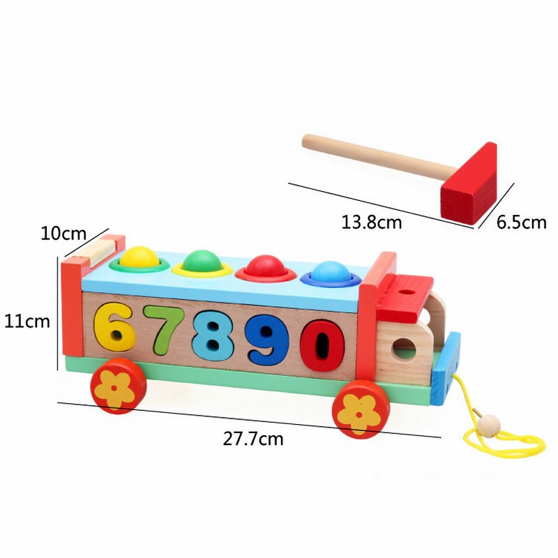 Wood Shape Pairing Digital Cognitive Knocking Car Children's Wooden Early Learning Drawable Multifunctional Game Handcart Toys