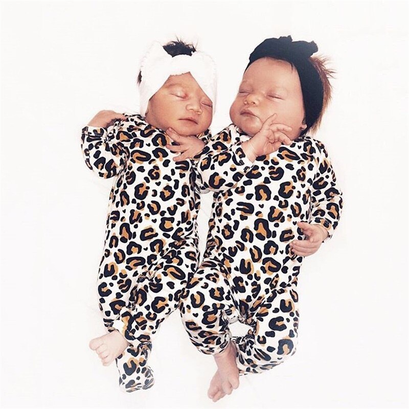 Newborn Infant Baby Boy Girl Leopard Cotton Romper long sleeve v neck button Jumpsuit Bodysuit Clothes