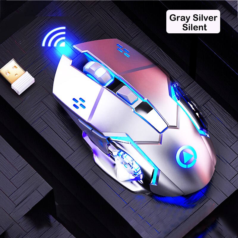 Lydløs trådløs mus 1600 dpi genopladelig mus gaming 2.4g usb ergonomisk trådløs gaming mus til bærbar computer: Grå