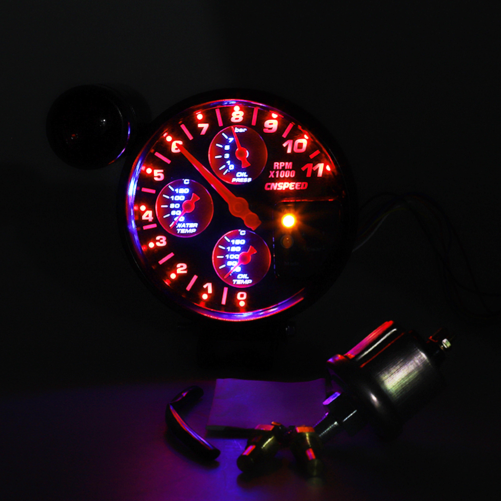 Tachymètre de voiture 5 &quot;4 en 1 avec lumière de changement de vitesse, compteur d&#39;eau, jauge de température d&#39;huile, jauge de pression d&#39;huile et capteur adaptateur