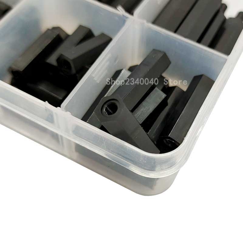 200 stk / sæt sort / hvid hex nylon standoff afstandsstykke søjle fladt hoved nylon plast afstandsskruer møtrikker  m3*5/10/15/20mm+6