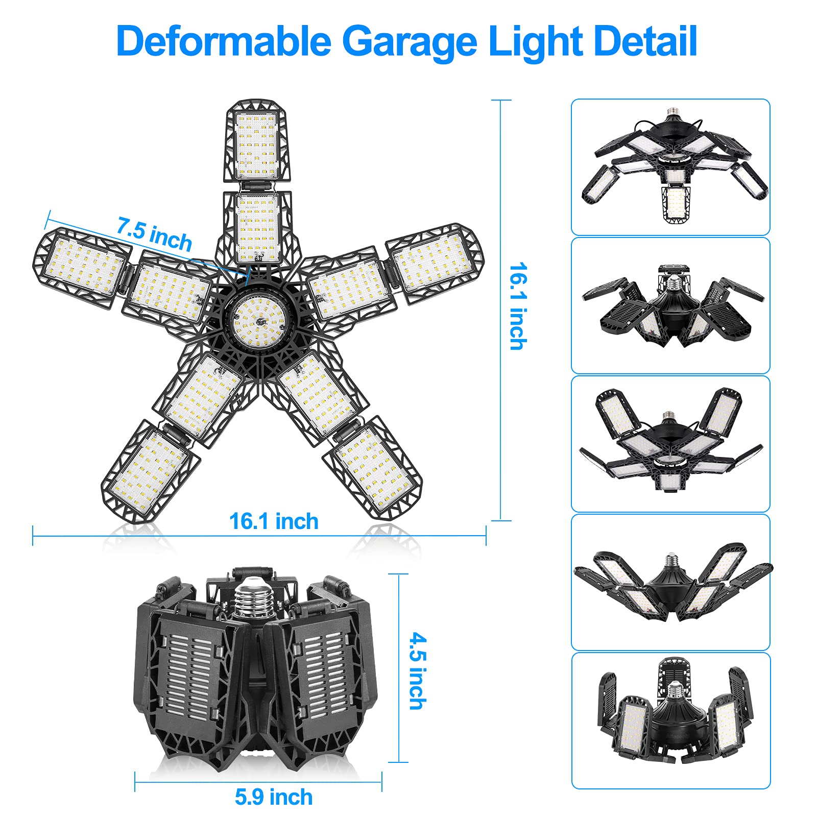 LED-Garagenleuchten mit 7/10+1 verstellbaren Paneelen, E26/E27, Decken-Shop-Arbeitslampe, 150 W, 6500 K Glühbirne für Werkstatt-Industriebeleuchtung