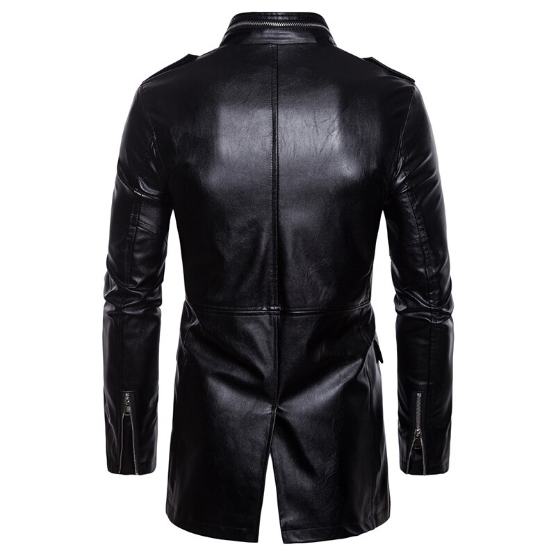 Høst motorsykkel skinnjakke menn lang windbreaker frakk pu skinnjakke mannlig flerlomme skinnjakke