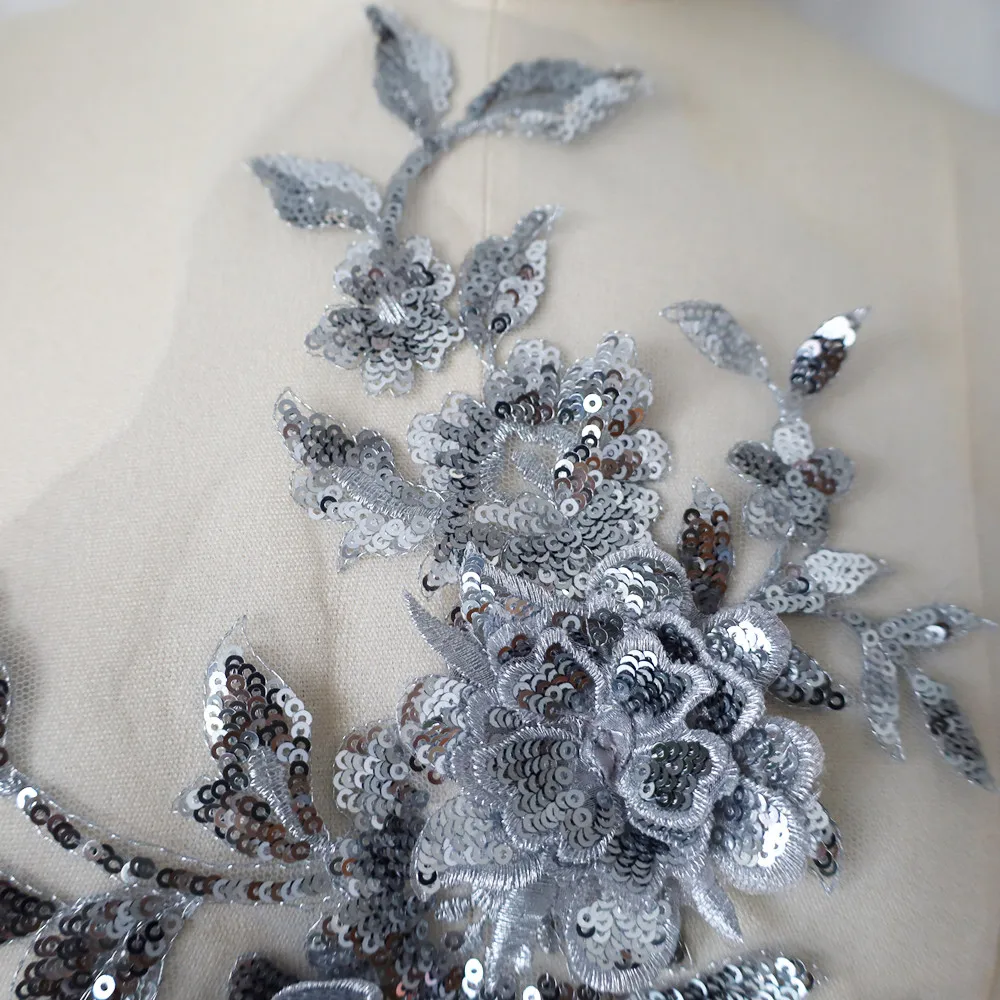Lantejoulas bordadas flor aplique renda tecido guarnição gola de malha vestido de noiva de casamento remendo de costura vestido de festa decoração artesanato faça você mesmo