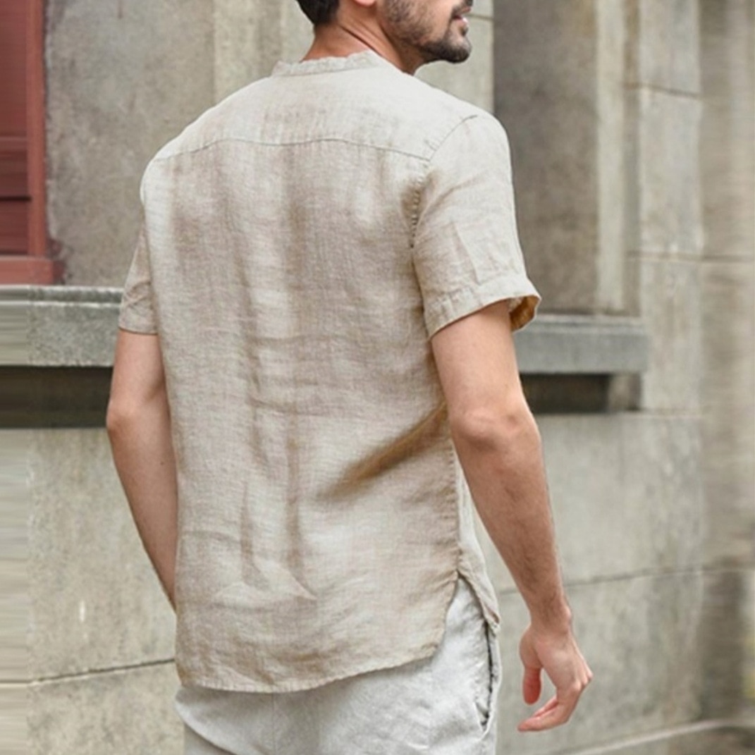 Linneskjortor herr sommar kortärmad henley skjorta chemise homme skjorta med lös knapp som andas solida herrskjortor med ficka