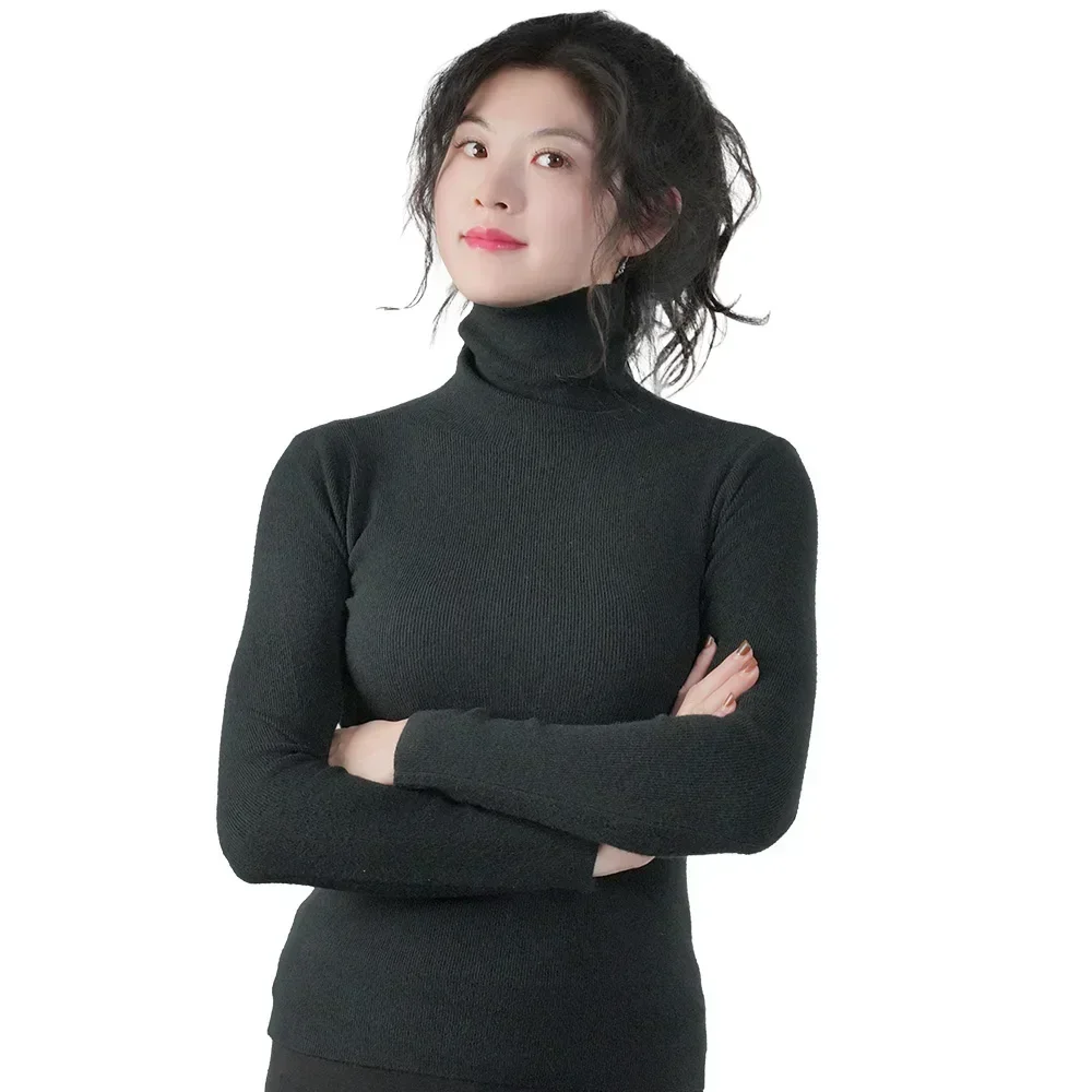 Damegenser vinter varm strikkeplagg med høy krage langermet slanke gensere dame termotopper klær pullover polohalsgensere: Svart