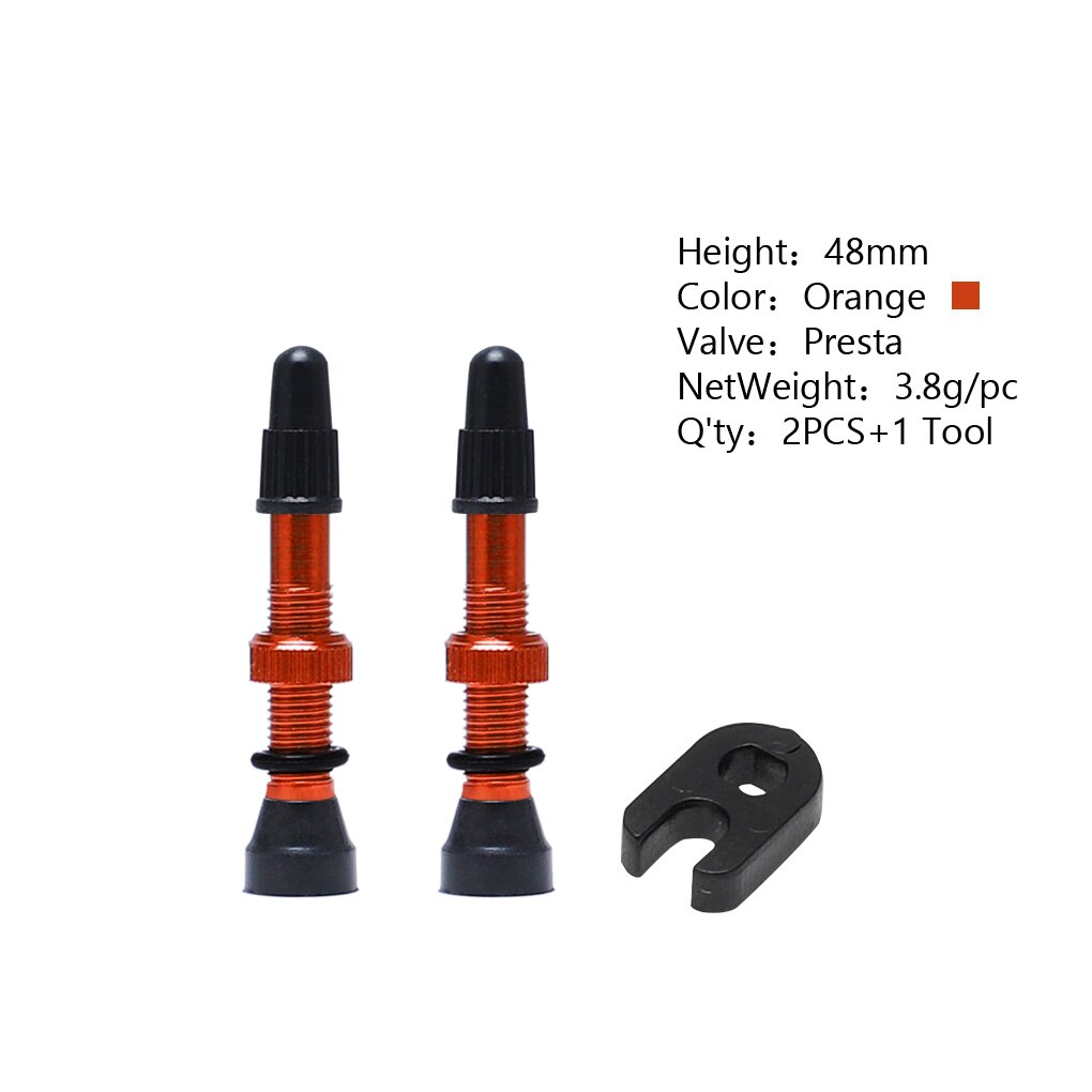 2 Pcs/set Bike Tire Air Valve Bike Tubeless Wheel Valve Kit Copper Core Alloy Stem Rubber Base: Orange 48mm