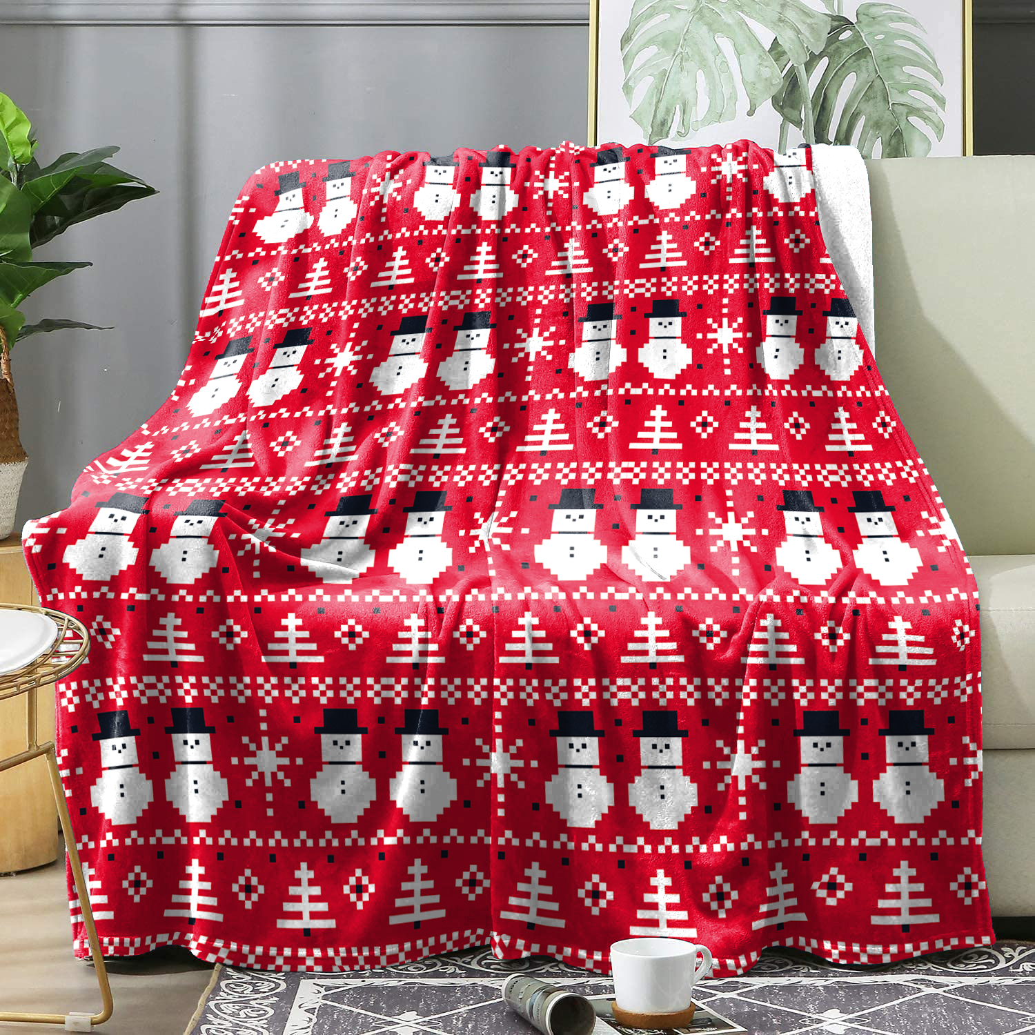 Red Christmas Snowman Winter Blanket Bedspreads Christmas Theme Pattern Flannel Blankets Bedding Cover Knee Blankets Decor Sofa: Queen / Red