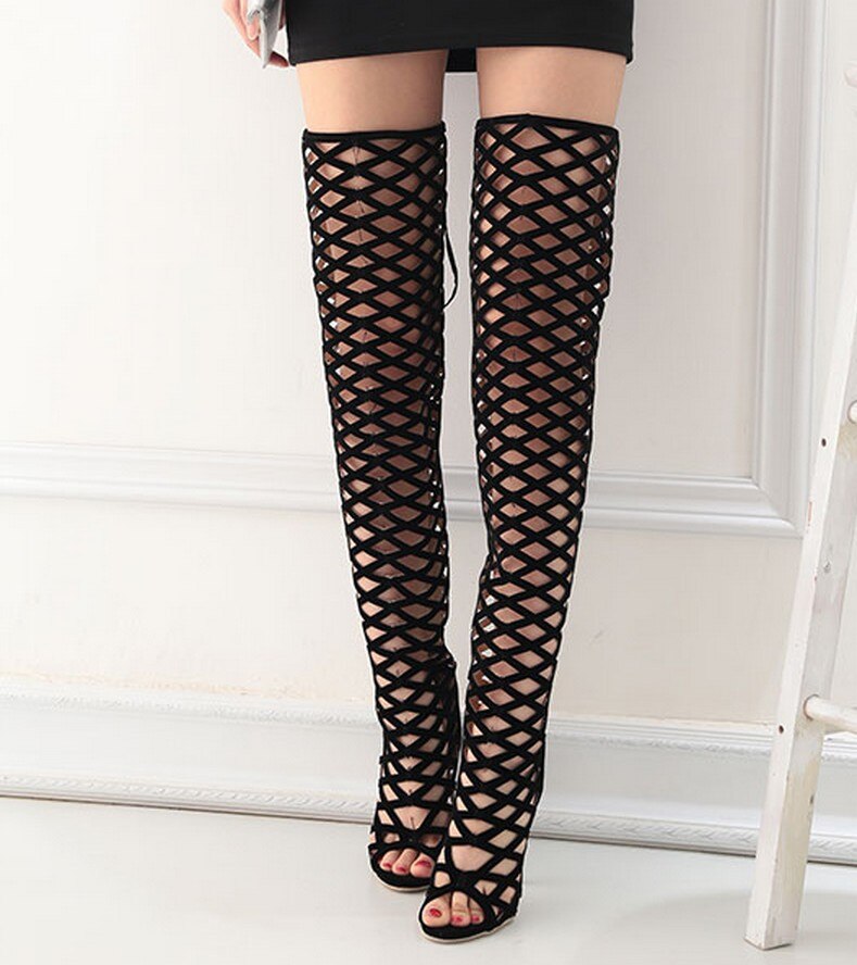 Summer Women Thigh High Gladiator Boots High Thin Spike Heel Open Toe Cutout Red Flock Lace Zipper Lady Sexy Over The Knee Boots