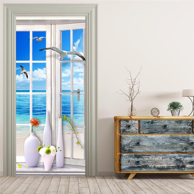 3D Wall Door Sticker Painting Window Landscape Wallpaper Living Room Bathroom PVC Waterproof Door Paste Home Decor Wall Sticker
