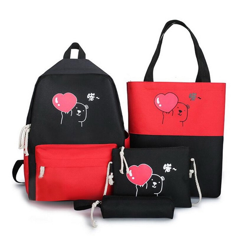 5 Delige Set Vrouwen Nylon Rugzak Snoep Kleur Waterdichte Schooltassen Tieners Meisjes Patchwork Rugzak Vrouwelijke Rugzak Mochila: Red 2(4 pcs)