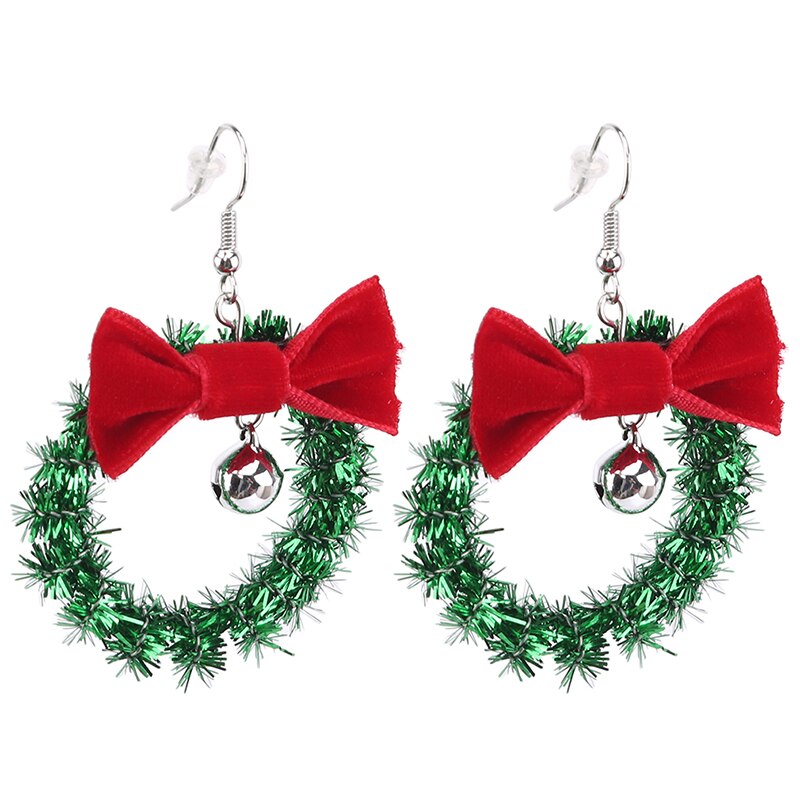 Christmas Wreath Dangle Earrings Jingle Bell Red Bow Women Christmas Earrings Year For Women: Silver