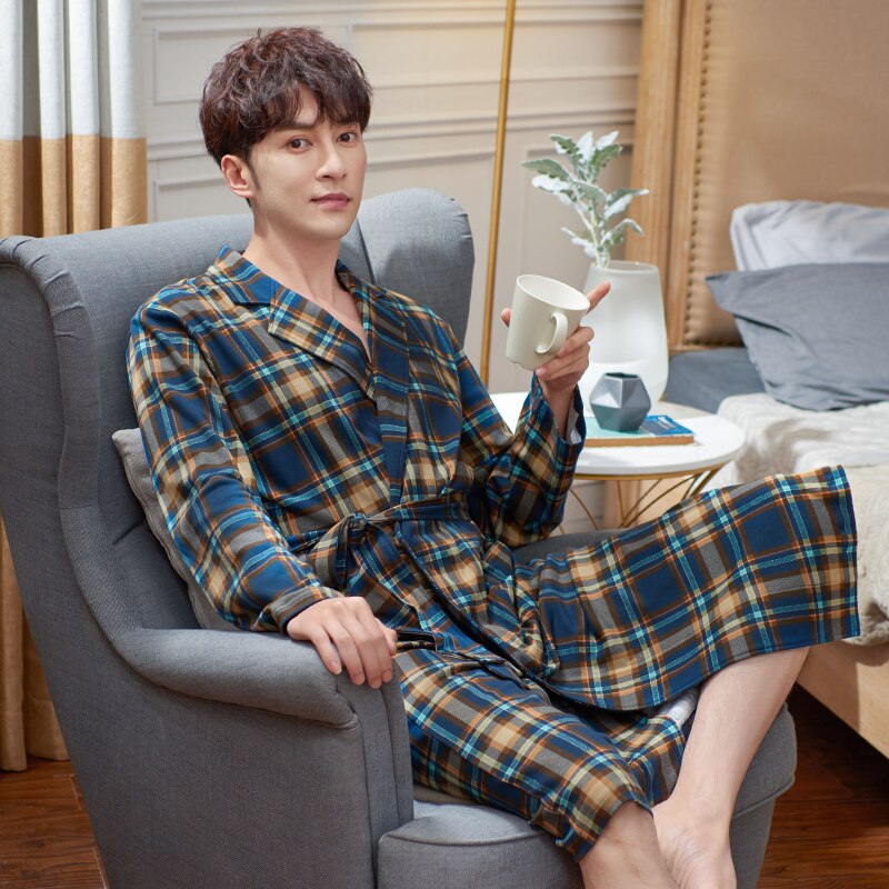 Chinese Style Spring Autumn Mens Bath Robe Long-sleeve Pure Cotton Pajamas for Men Bathrobe Male Kimono Dressing Gowns Sleepwear
