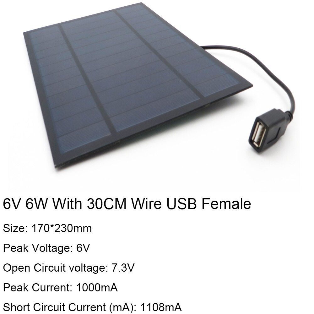 6V 3W 6W Output Usb Solar Battery Charger Usb Vrouwelijke Poort Laadregelaar Zonnepaneel Lijn Lengte 30Cm: 6V 6W